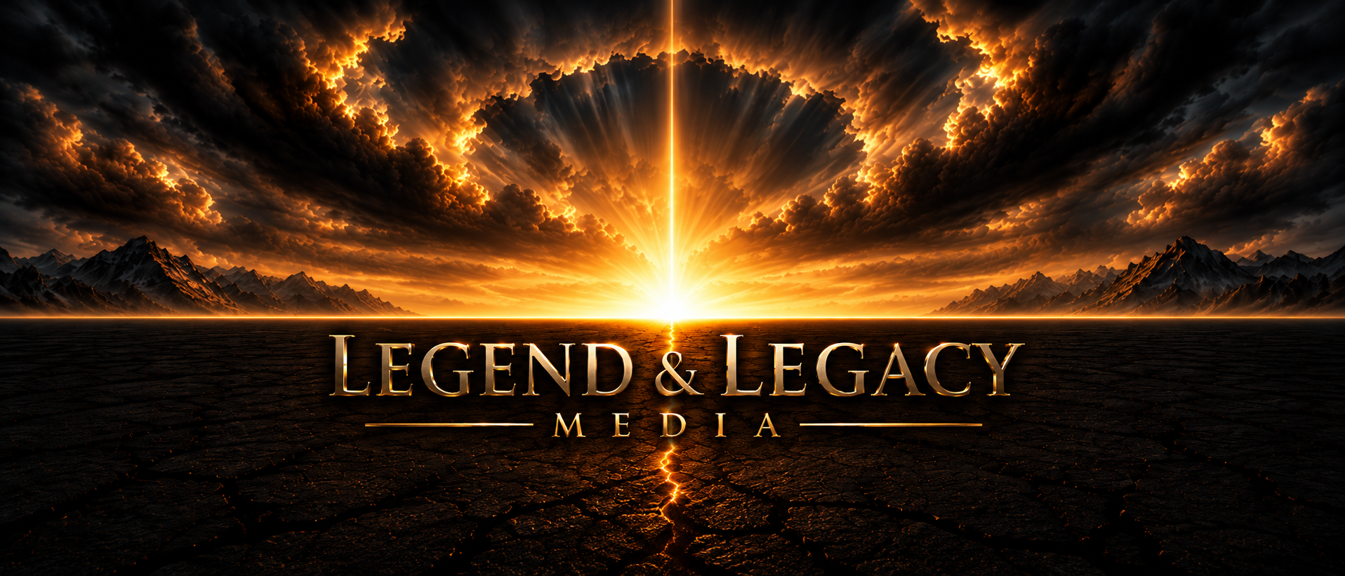 Legend & Legacy Media. Mountains and storm clouds surrounding a golden lightning strike above the company wordmark.