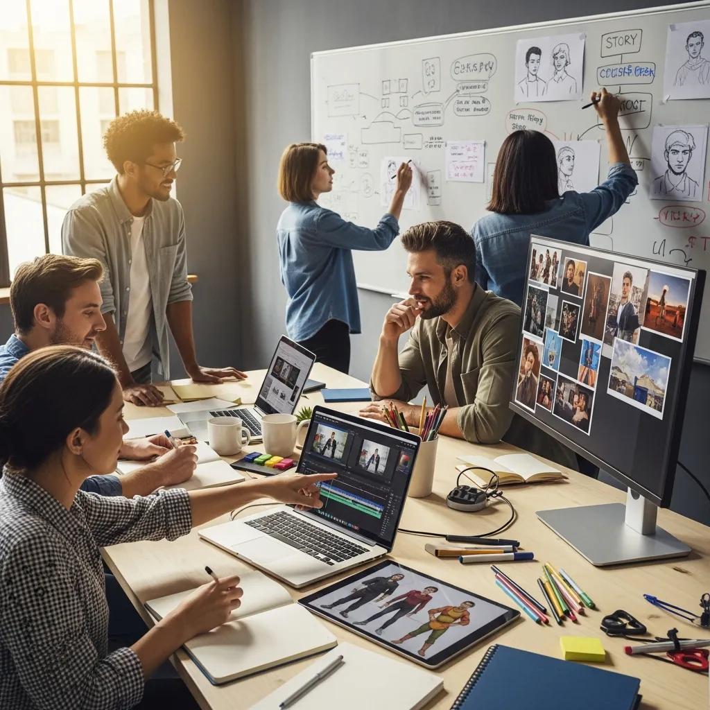 Creative team collaborating around production concepts on a whiteboard during a development session.